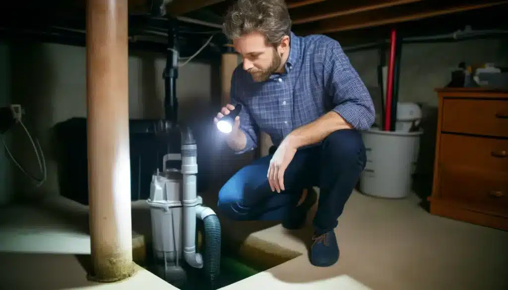 homeowner inspecting sump pump in boise